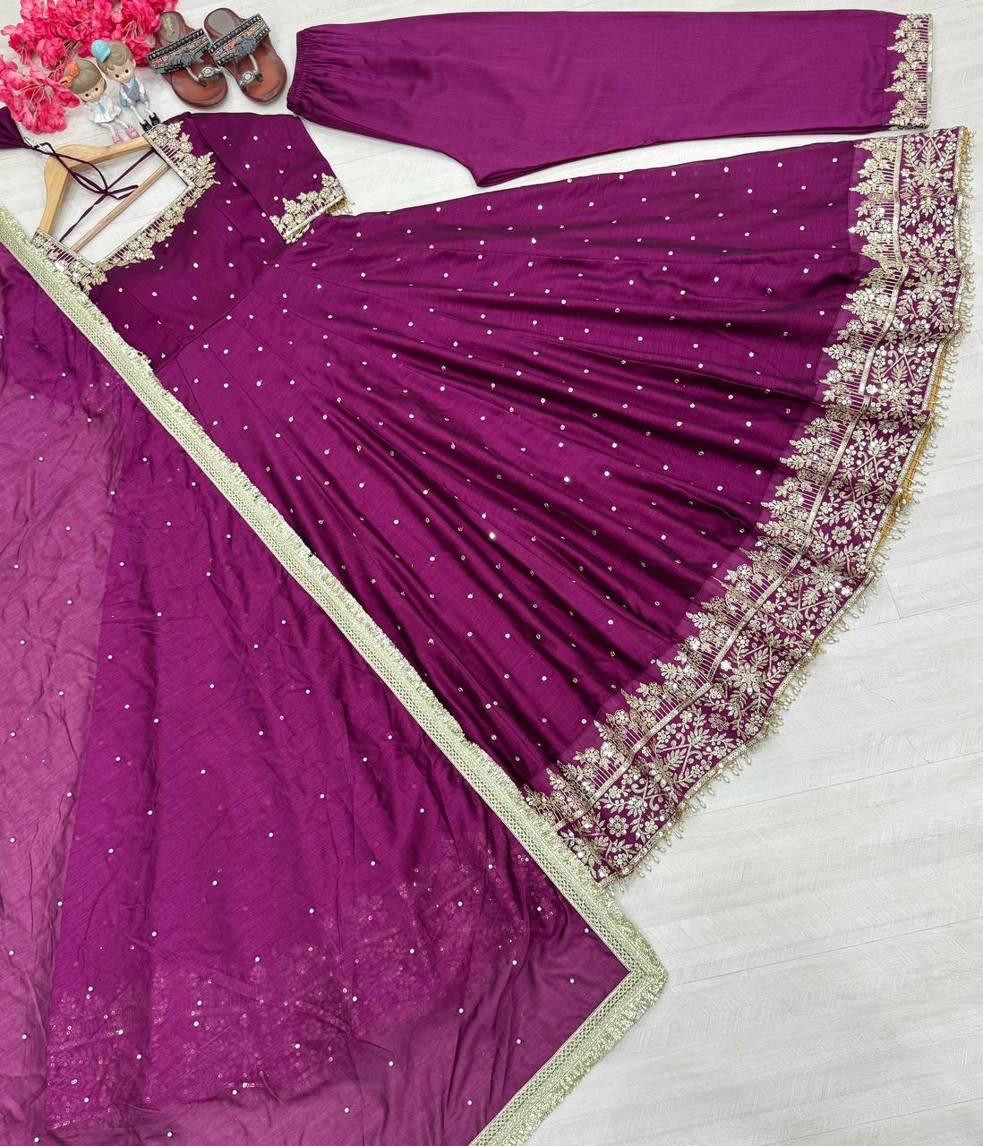 Attractive Purple Color Heavy Pure Vichitra Silk With Embroidery 5mm Sequence Work Anarkali Gown