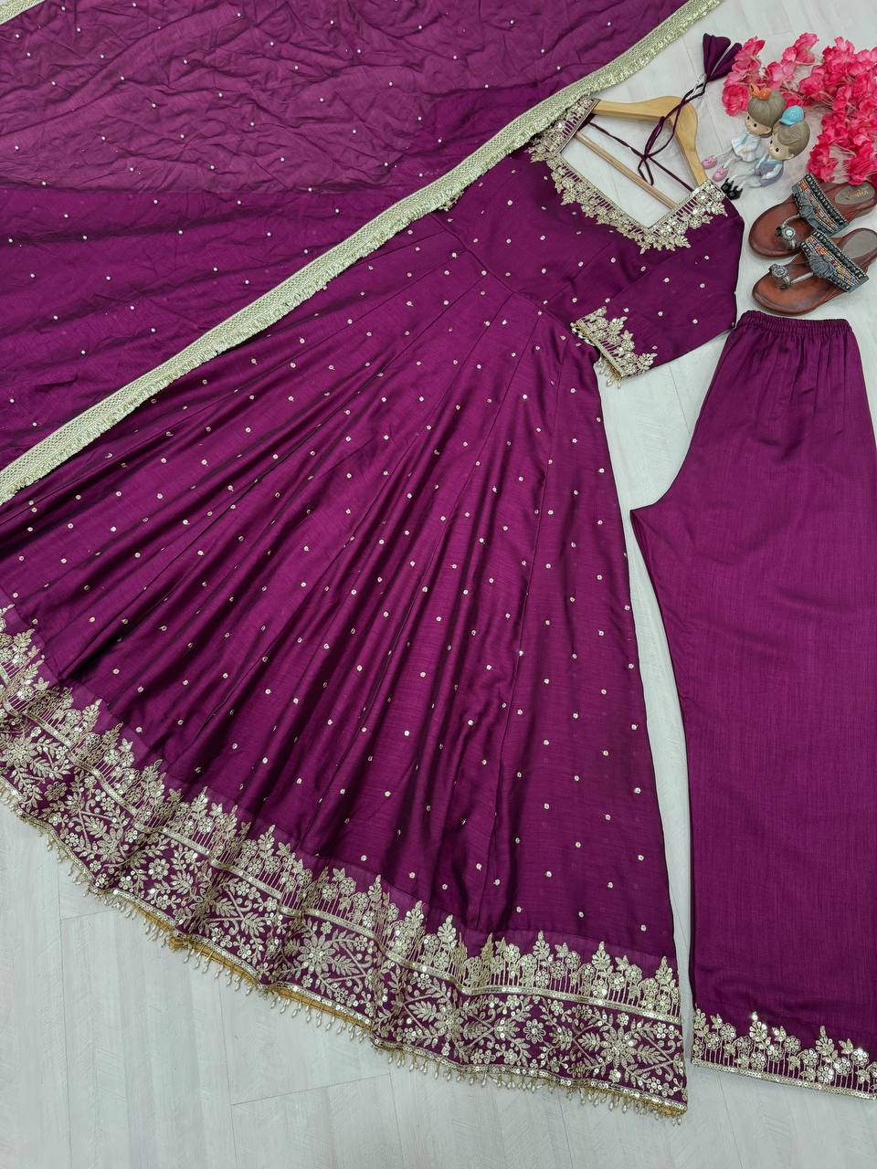Attractive Purple Color Heavy Pure Vichitra Silk With Embroidery 5mm Sequence Work Anarkali Gown