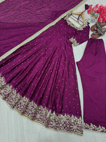 Attractive Purple Color Heavy Pure Vichitra Silk With Embroidery 5mm Sequence Work Anarkali Gown