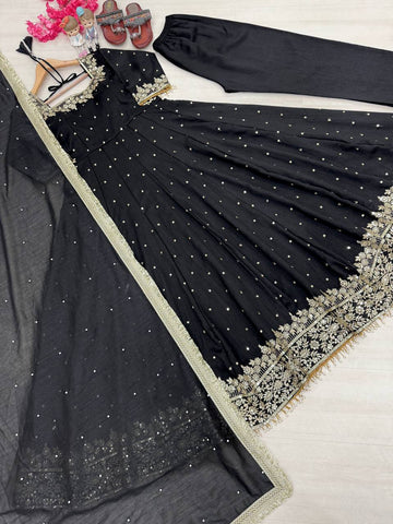 Attractive Black Color Heavy Pure Vichitra Silk With Embroidery 5mm Sequence Work Anarkali Gown