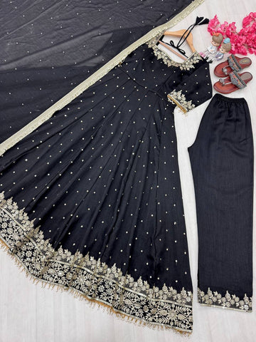 Attractive Black Color Heavy Pure Vichitra Silk With Embroidery 5mm Sequence Work Anarkali Gown
