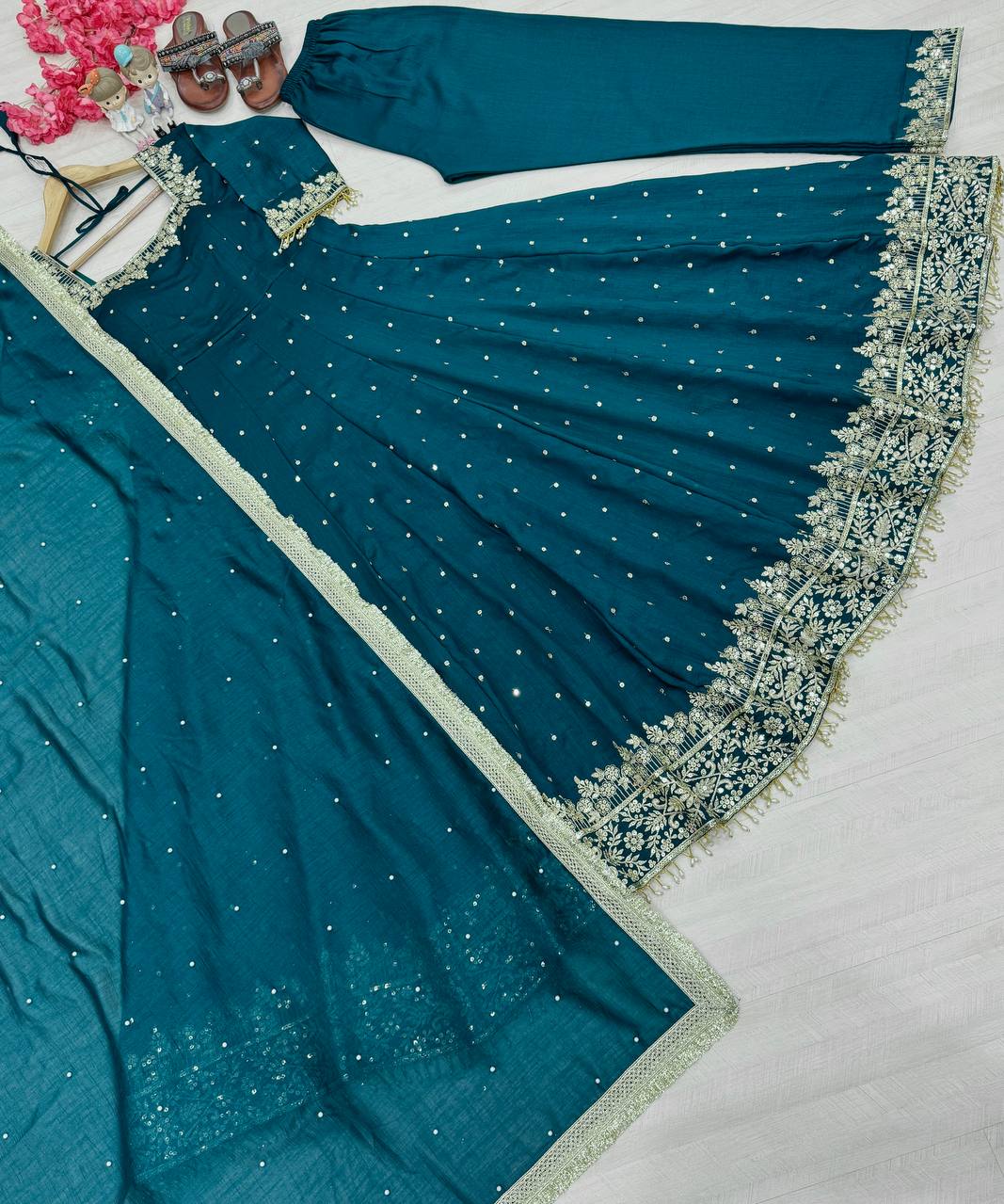 Attractive Aqua Green Color Heavy Pure Vichitra Silk With Embroidery 5mm Sequence Work Anarkali Gown
