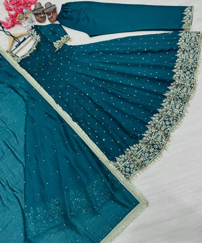 Attractive Aqua Green Color Heavy Pure Vichitra Silk With Embroidery 5mm Sequence Work Anarkali Gown