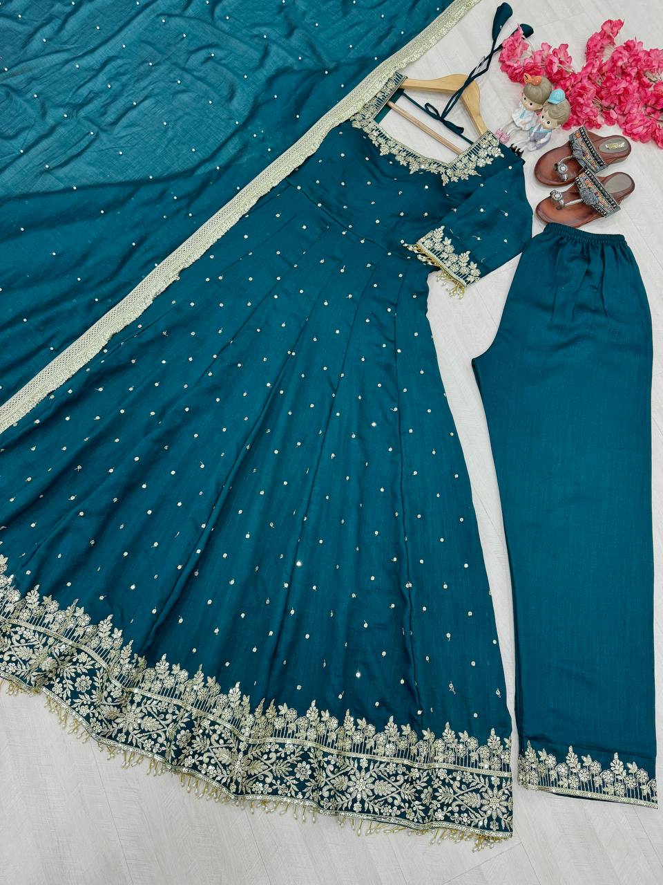 Attractive Aqua Green Color Heavy Pure Vichitra Silk With Embroidery 5mm Sequence Work Anarkali Gown