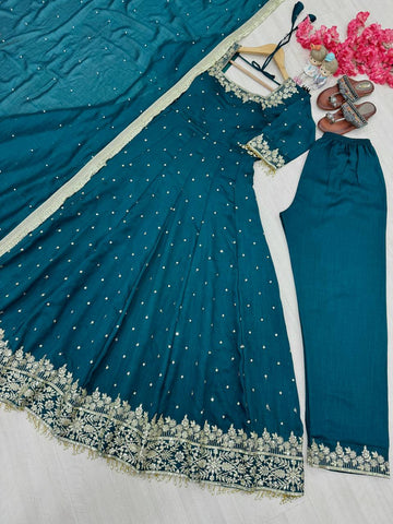 Attractive Aqua Green Color Heavy Pure Vichitra Silk With Embroidery 5mm Sequence Work Anarkali Gown