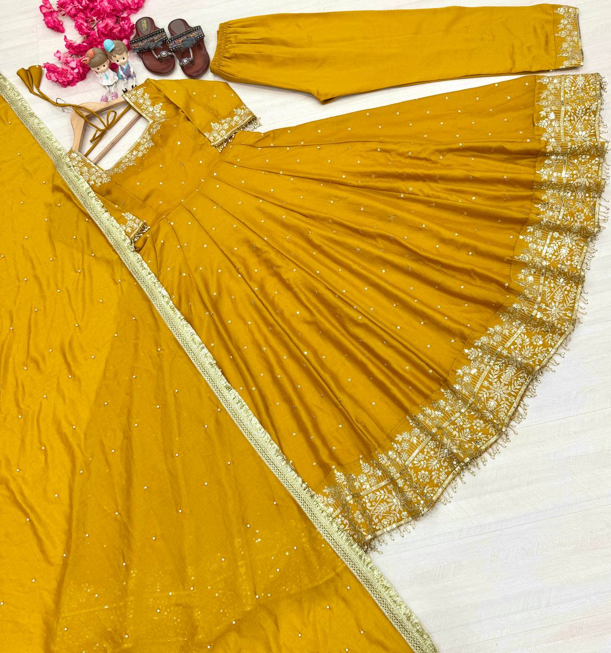 Attractive Yellow Color Heavy Pure Vichitra Silk With Embroidery 5mm Sequence Work Anarkali Gown