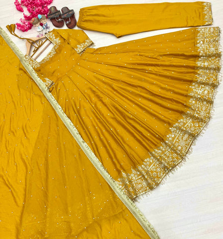 Attractive Yellow Color Heavy Pure Vichitra Silk With Embroidery 5mm Sequence Work Anarkali Gown