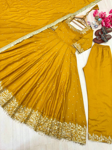 Attractive Yellow Color Heavy Pure Vichitra Silk With Embroidery 5mm Sequence Work Anarkali Gown