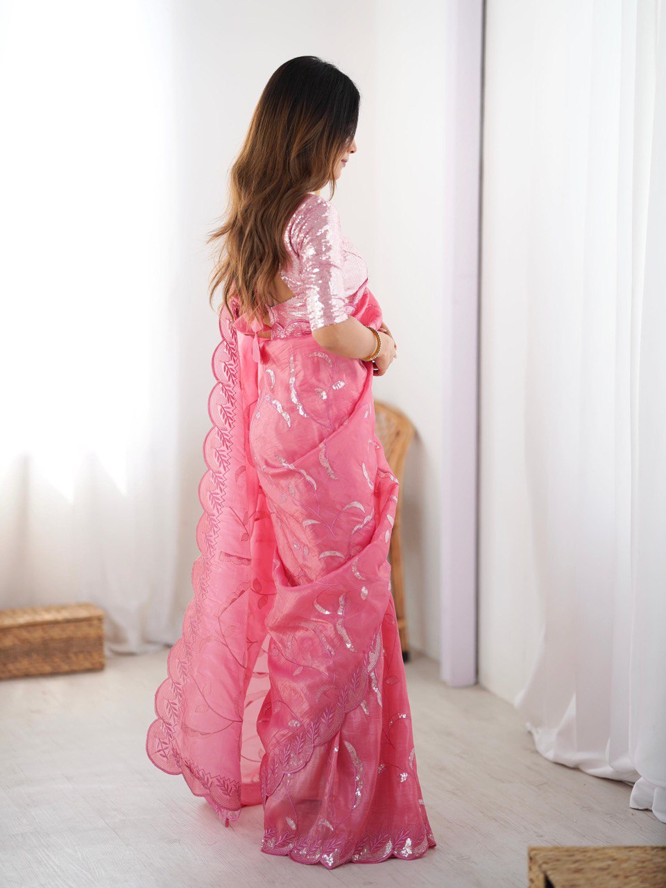 Wedding Wear Baby Pink Color Gold Crush and Sequence Work Saree