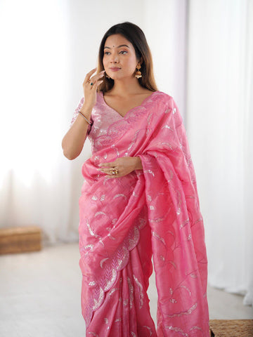 Wedding Wear Baby Pink Color Gold Crush and Sequence Work Saree