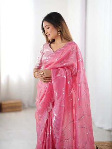 Wedding Wear Baby Pink Color Gold Crush and Sequence Work Saree