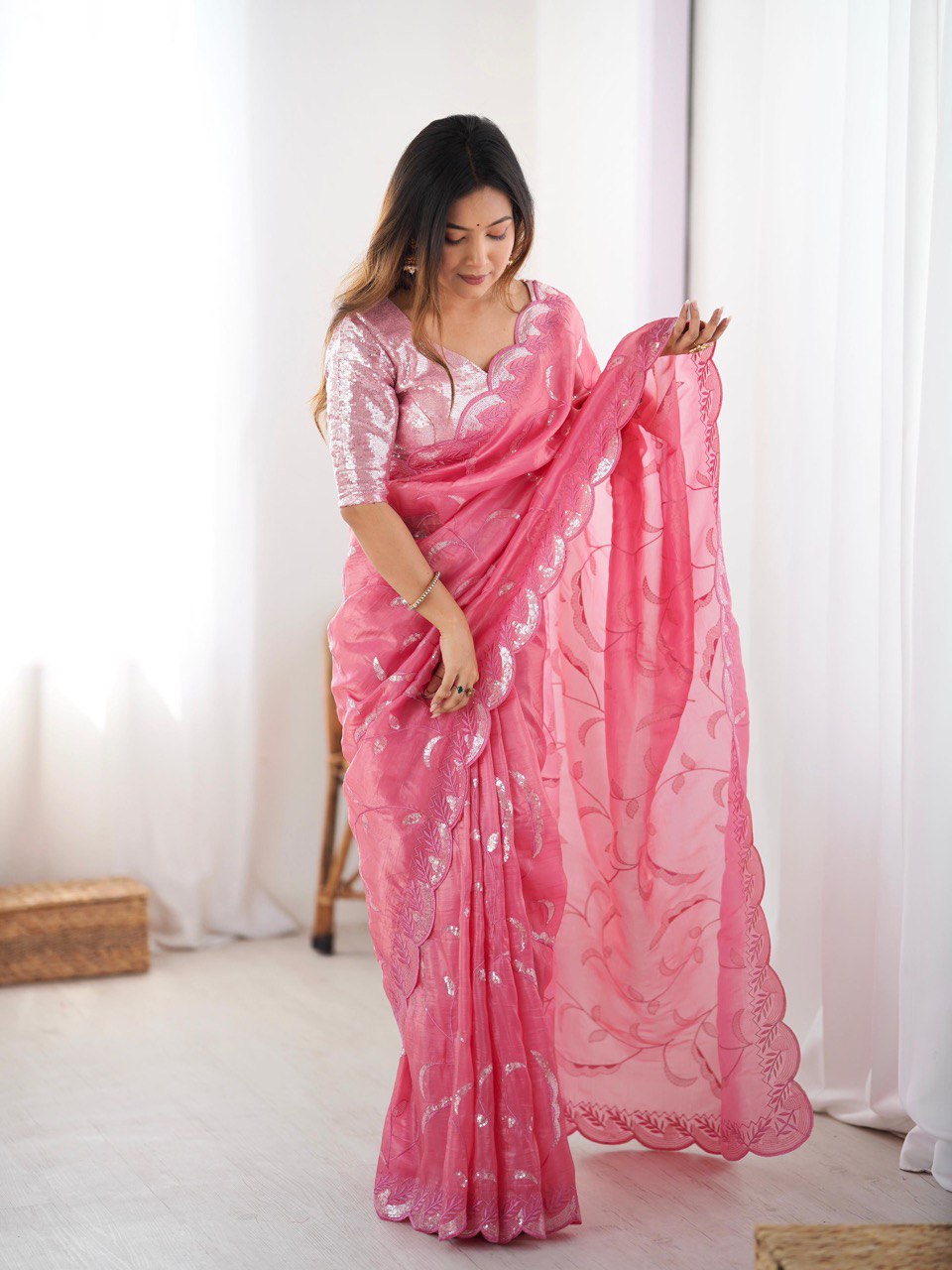 Wedding Wear Baby Pink Color Gold Crush and Sequence Work Saree