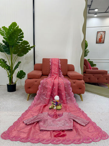 Wedding Wear Baby Pink Color Gold Crush and Sequence Work Saree