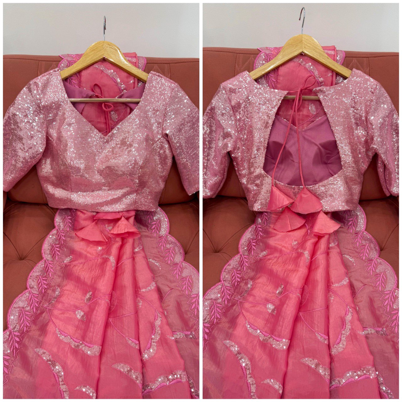 Wedding Wear Baby Pink Color Gold Crush and Sequence Work Saree