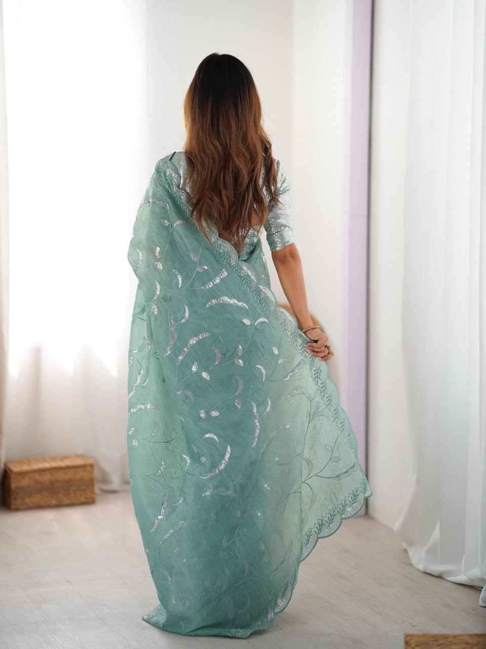 Ceremony Wear Aqua Green Color Gold Crush and Sequence Work Saree