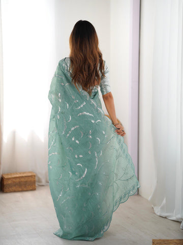 Ceremony Wear Aqua Green Color Gold Crush and Sequence Work Saree