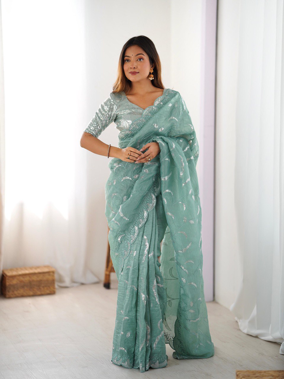 Ceremony Wear Aqua Green Color Gold Crush and Sequence Work Saree