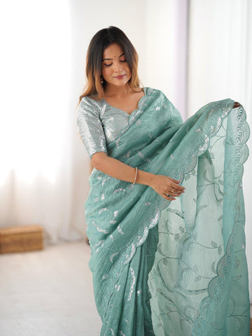 Ceremony Wear Aqua Green Color Gold Crush and Sequence Work Saree