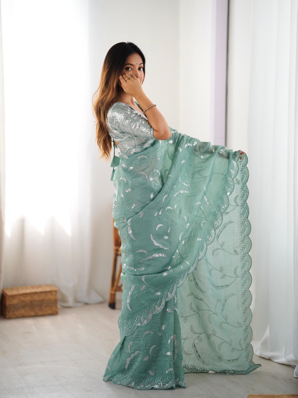 Ceremony Wear Aqua Green Color Gold Crush and Sequence Work Saree