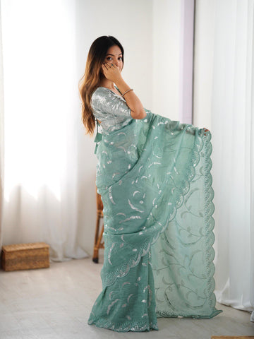 Ceremony Wear Aqua Green Color Gold Crush and Sequence Work Saree