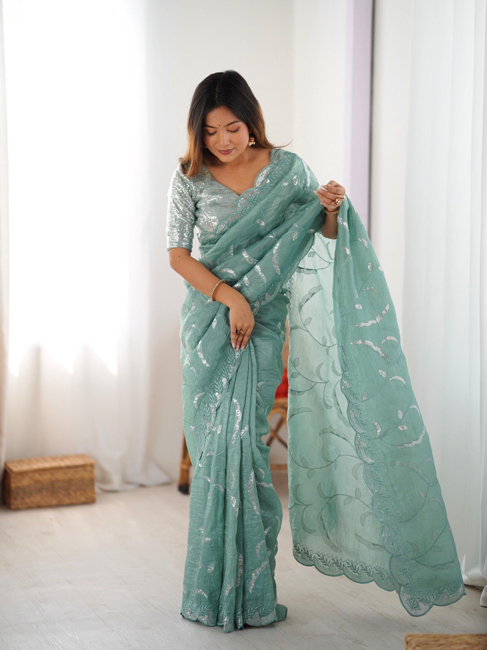 Ceremony Wear Aqua Green Color Gold Crush and Sequence Work Saree