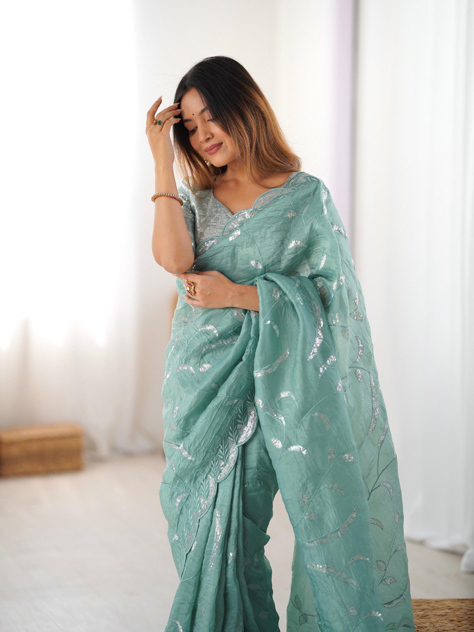 Ceremony Wear Aqua Green Color Gold Crush and Sequence Work Saree
