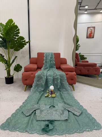 Ceremony Wear Aqua Green Color Gold Crush and Sequence Work Saree