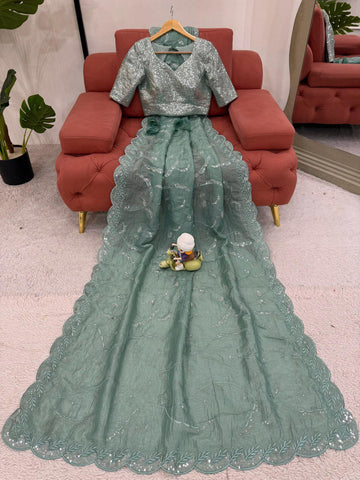 Ceremony Wear Aqua Green Color Gold Crush and Sequence Work Saree