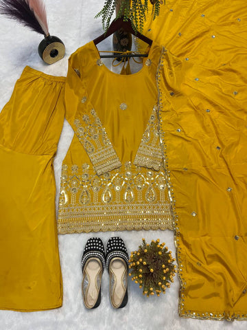 Wedding Wear Mustard Color Heavy Natural Crepe Silk With Embroidery Sequence Work Sharara Suit