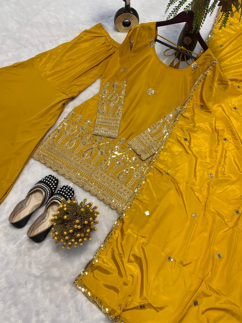 Wedding Wear Mustard Color Heavy Natural Crepe Silk With Embroidery Sequence Work Sharara Suit
