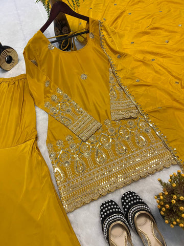 Wedding Wear Mustard Color Heavy Natural Crepe Silk With Embroidery Sequence Work Sharara Suit