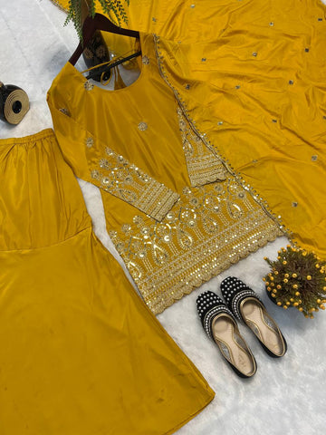 Wedding Wear Mustard Color Heavy Natural Crepe Silk With Embroidery Sequence Work Sharara Suit