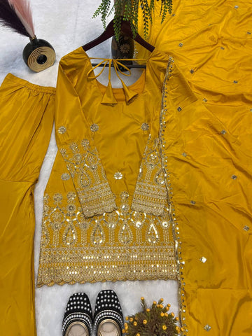 Wedding Wear Mustard Color Heavy Natural Crepe Silk With Embroidery Sequence Work Sharara Suit