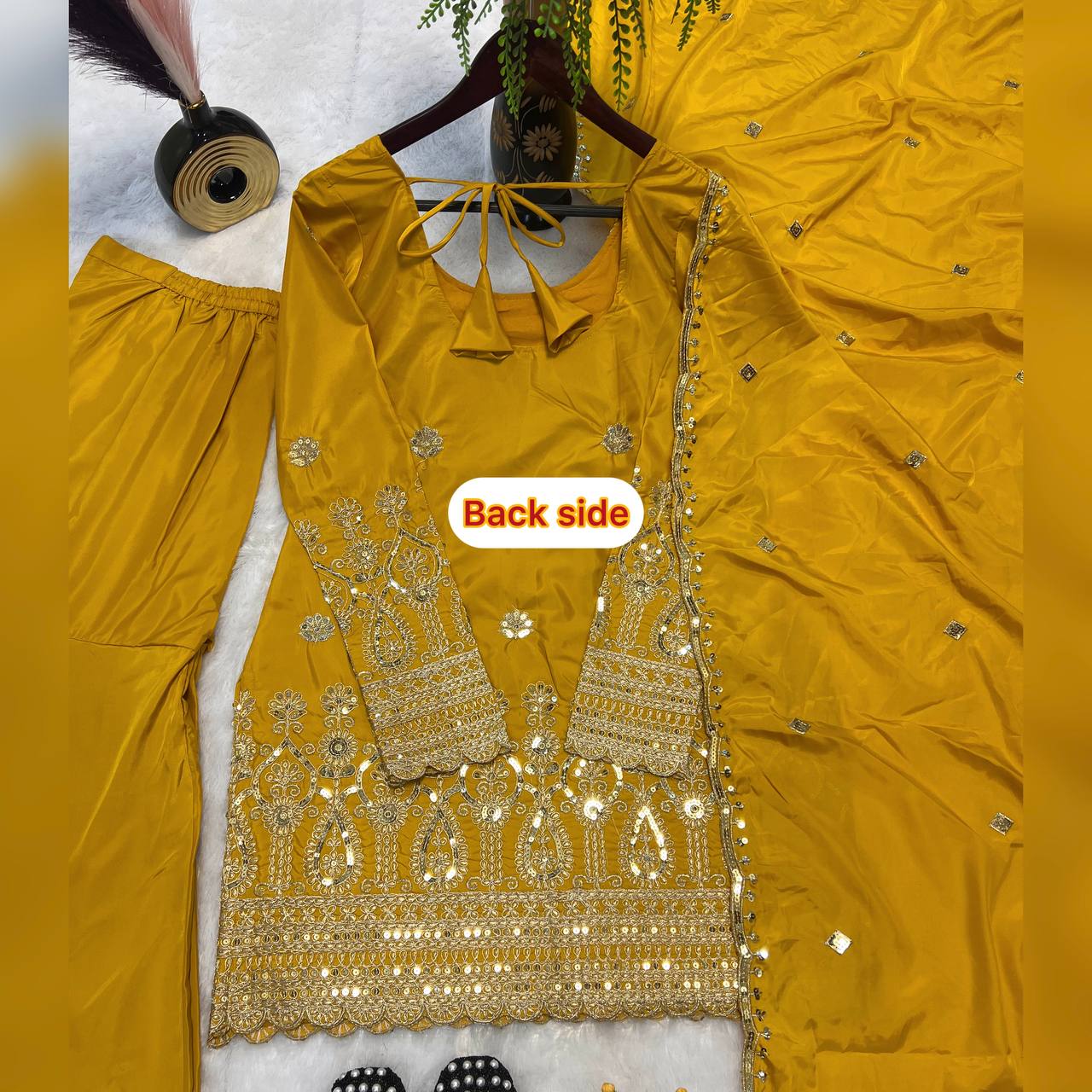 Wedding Wear Mustard Color Heavy Natural Crepe Silk With Embroidery Sequence Work Sharara Suit