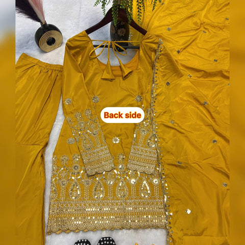 Wedding Wear Mustard Color Heavy Natural Crepe Silk With Embroidery Sequence Work Sharara Suit