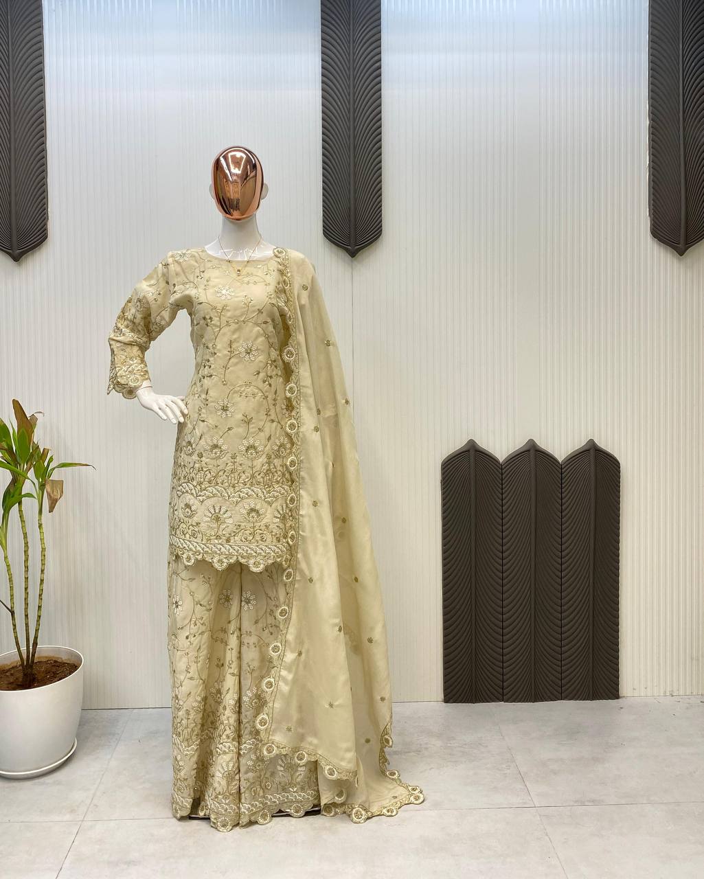 Party Wear Cream Color Chinon With Sequence Embroidery Work Designer Sharara Suit
