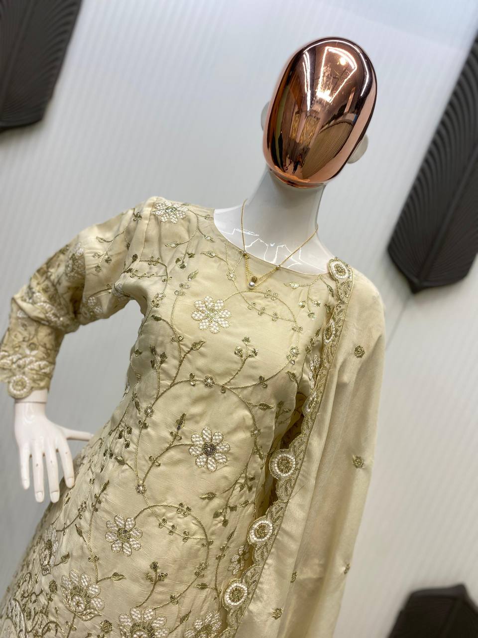 Party Wear Cream Color Chinon With Sequence Embroidery Work Designer Sharara Suit