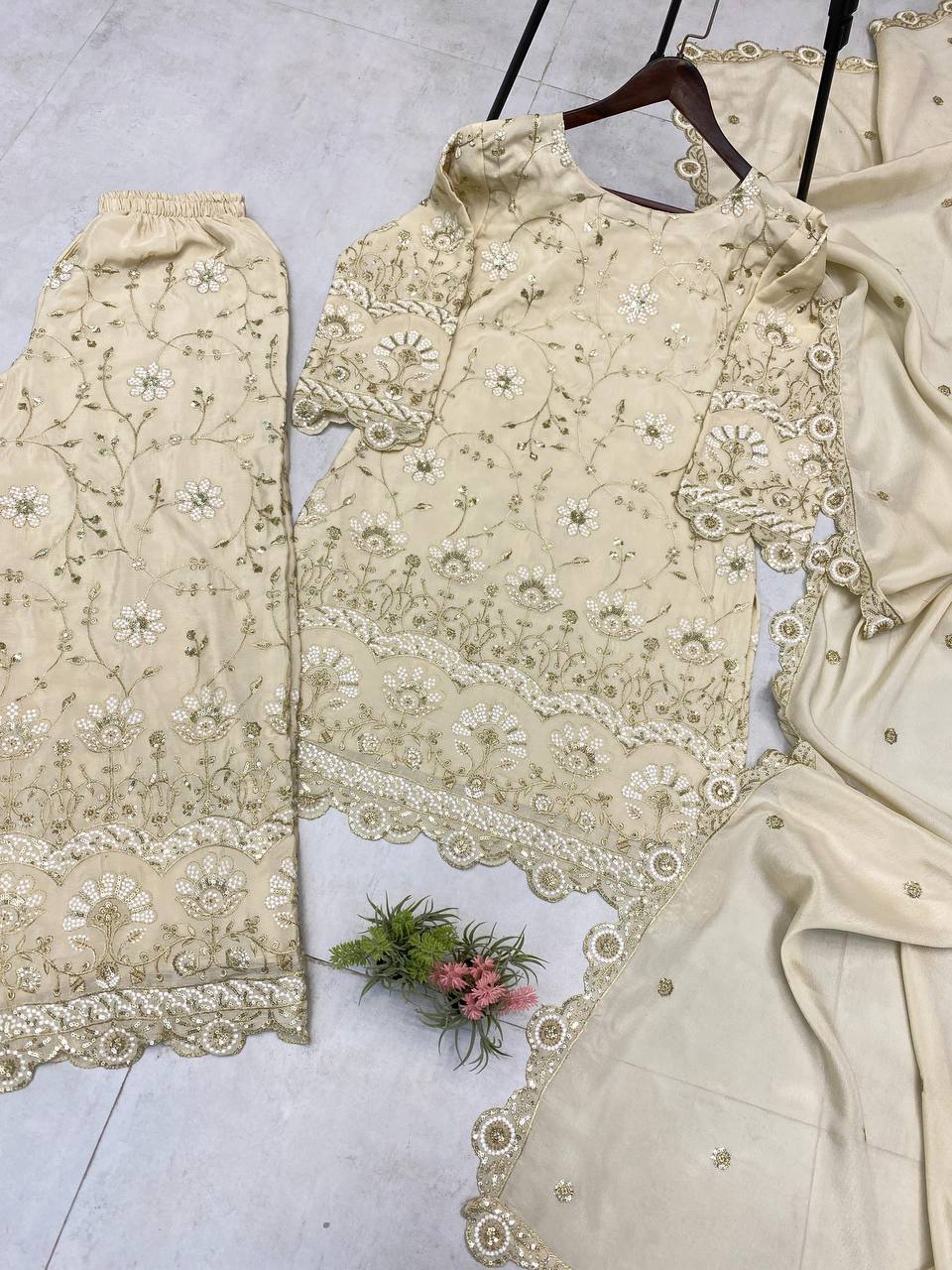 Party Wear Cream Color Chinon With Sequence Embroidery Work Designer Sharara Suit