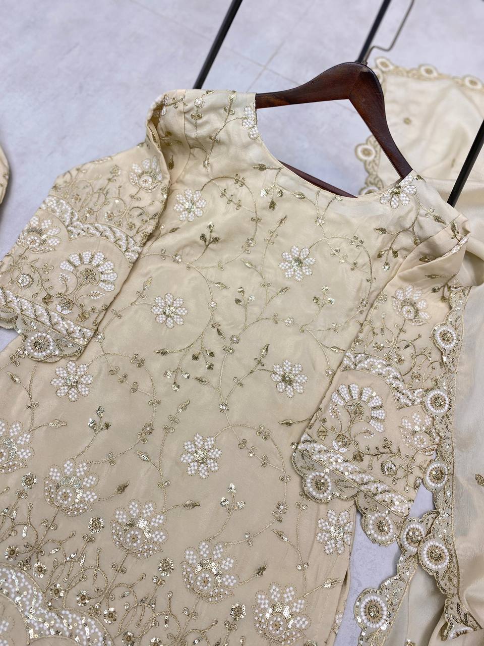 Party Wear Cream Color Chinon With Sequence Embroidery Work Designer Sharara Suit