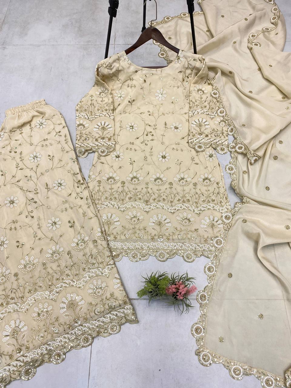 Party Wear Cream Color Chinon With Sequence Embroidery Work Designer Sharara Suit
