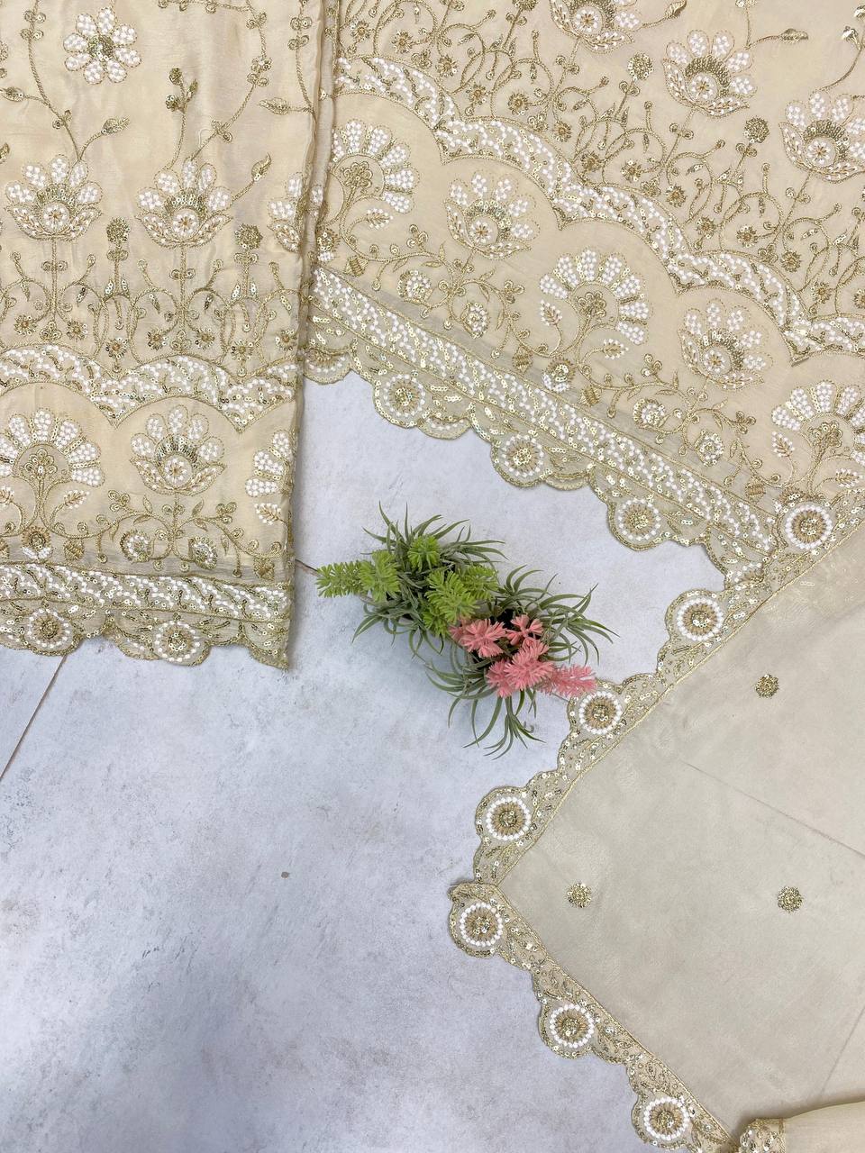 Party Wear Cream Color Chinon With Sequence Embroidery Work Designer Sharara Suit