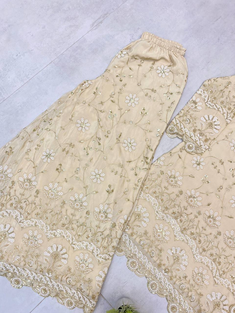 Party Wear Cream Color Chinon With Sequence Embroidery Work Designer Sharara Suit