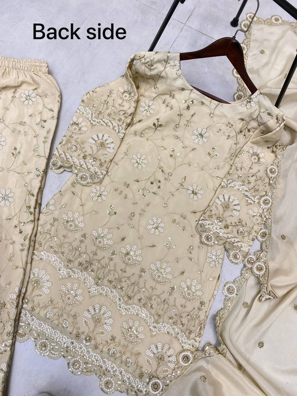 Party Wear Cream Color Chinon With Sequence Embroidery Work Designer Sharara Suit