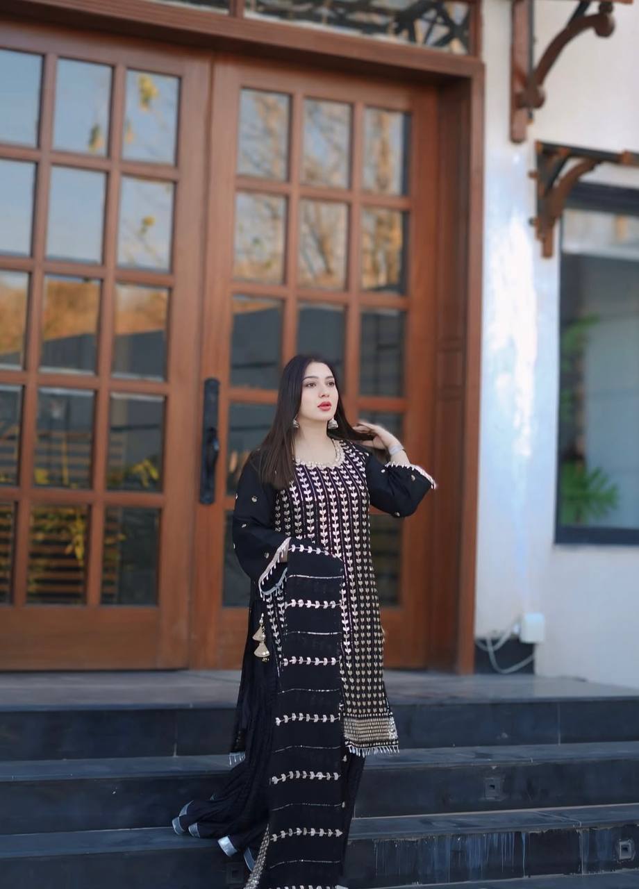 Party Wear Black Color Pure Fox Georgette With Heavy Embroidery Sequence Work Sharara Suit