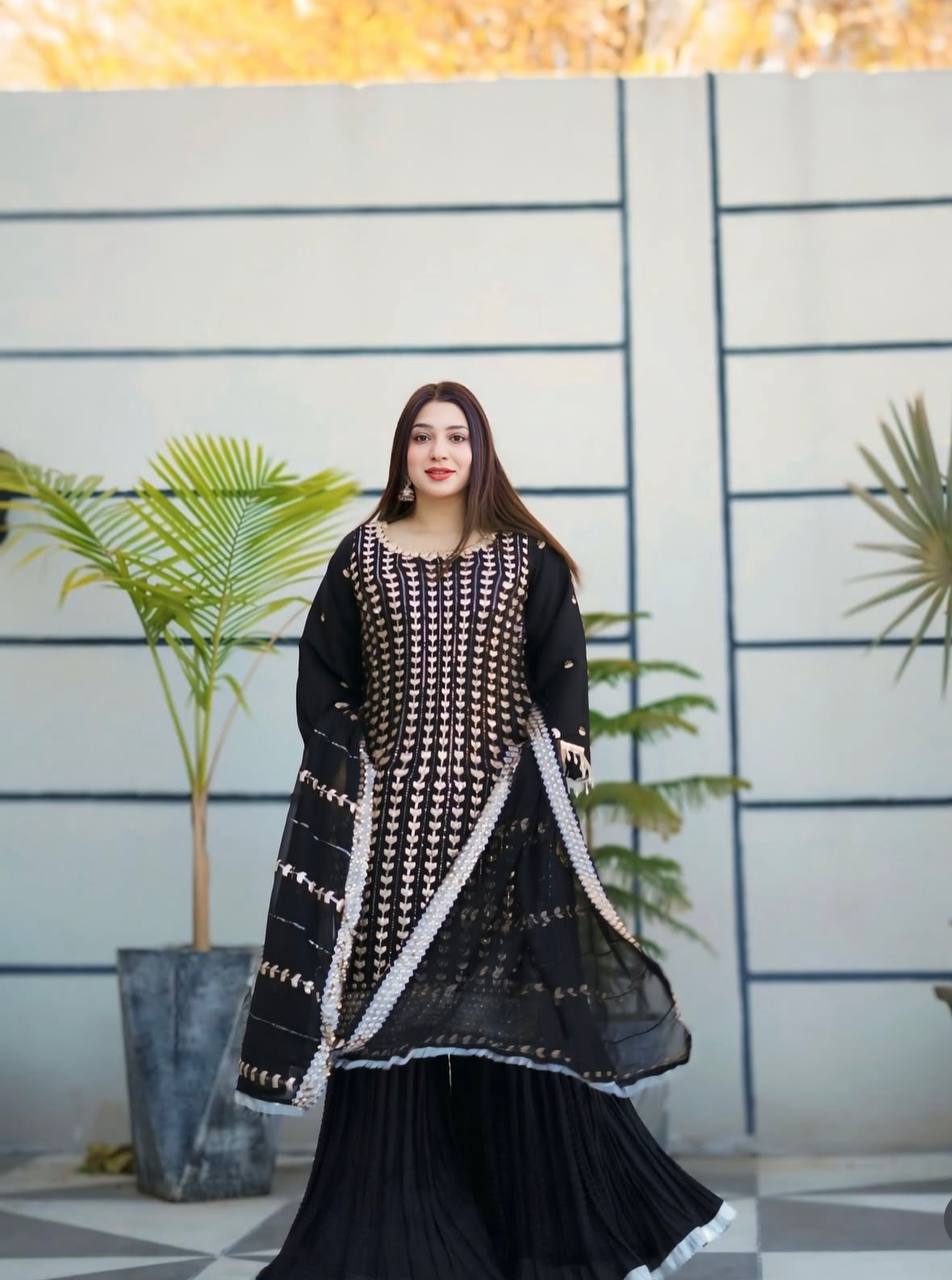 Party Wear Black Color Pure Fox Georgette With Heavy Embroidery Sequence Work Sharara Suit