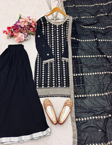 Party Wear Black Color Pure Fox Georgette With Heavy Embroidery Sequence Work Sharara Suit