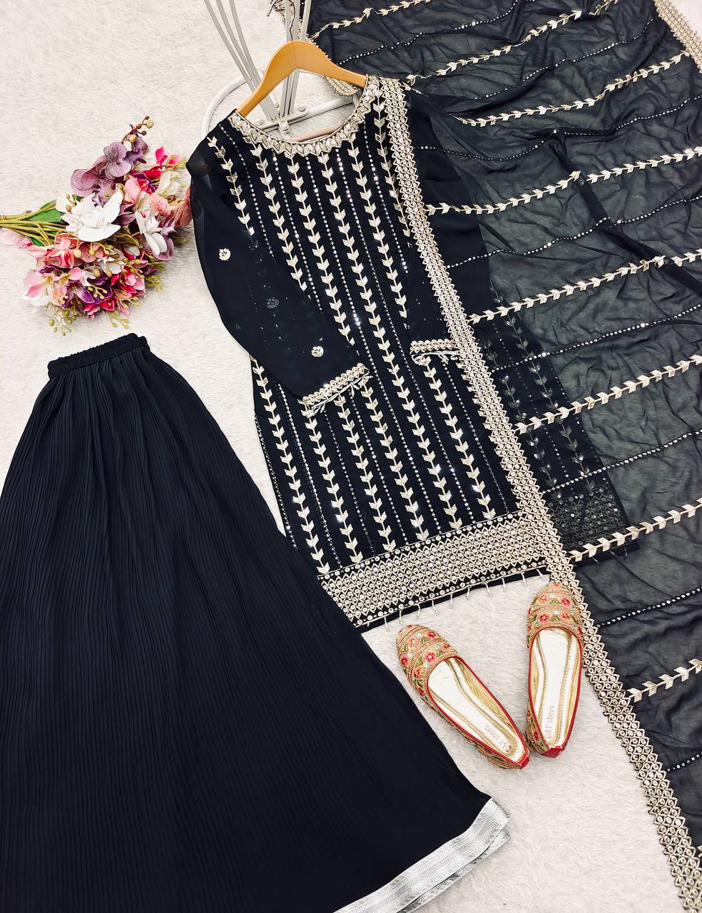 Party Wear Black Color Pure Fox Georgette With Heavy Embroidery Sequence Work Sharara Suit
