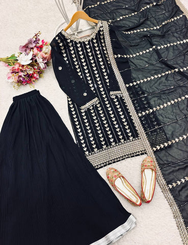 Party Wear Black Color Pure Fox Georgette With Heavy Embroidery Sequence Work Sharara Suit