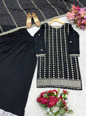 Party Wear Black Color Pure Fox Georgette With Heavy Embroidery Sequence Work Sharara Suit