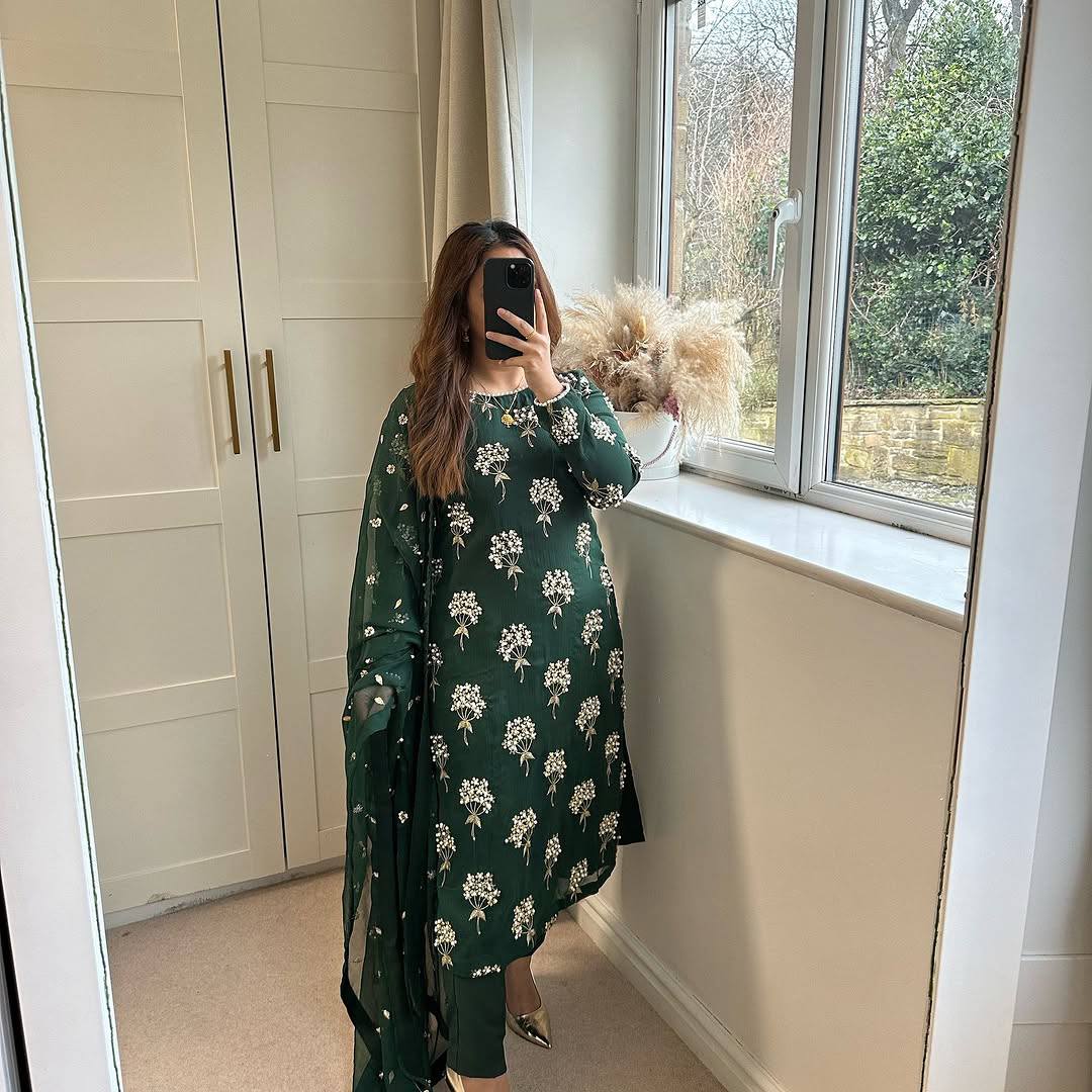 Outstanding Green Heavy Chinon Fabric With Embroidery 5mm Sequence Work Salwar Suit